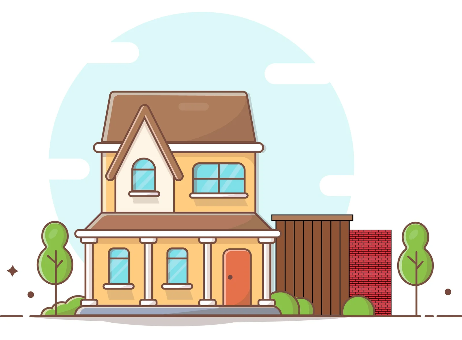 Illustration of a house with a garden and trees