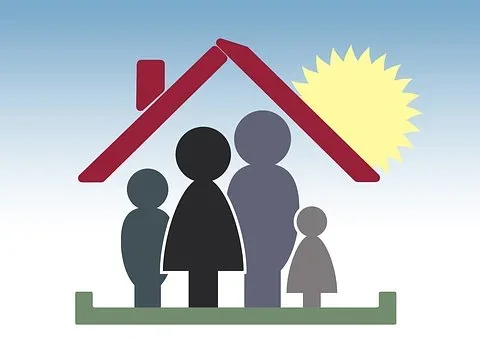 Illustration of a family beneath a red house roof